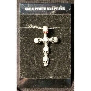 Vtg Gallo Pewter 24" Necklace Skulls Forming A Cross Pendant Red Jeweled Eyes